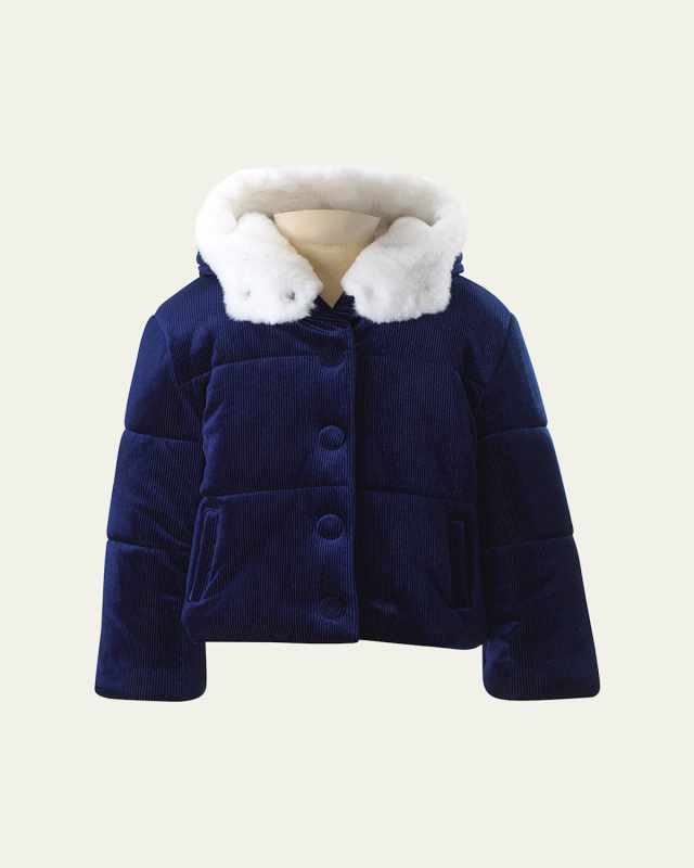 Girl's Faux Fur Trim Ribbed Hooded Puffer Jacket, Size 2-10